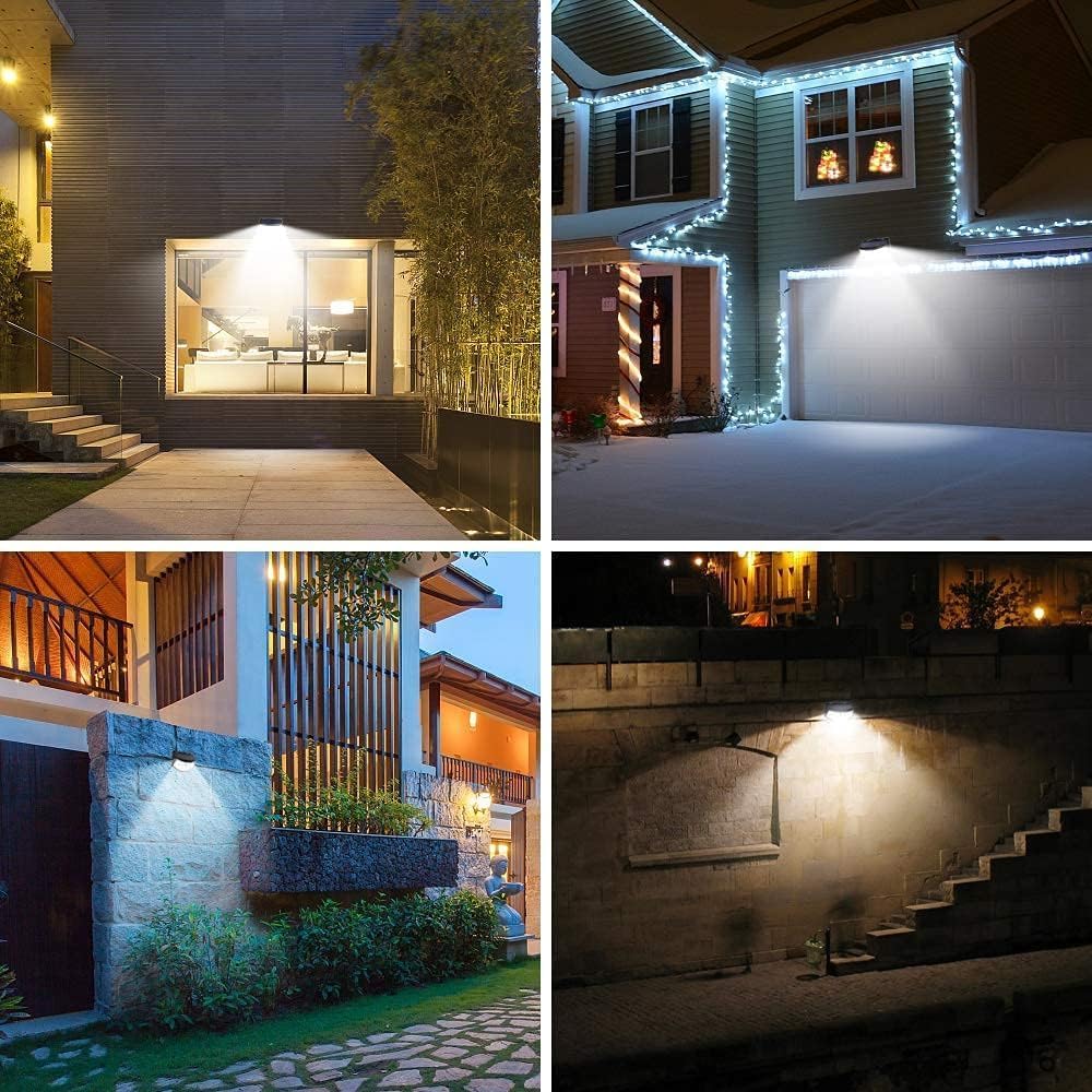 Aootek Nuevas luces solares de 120 LED con reflector de luces, gran angular de 270°, impermeable IP65, luces de seguridad fáciles de instalar para puerta delantera, patio, garaje, terraza (paquete de 4)