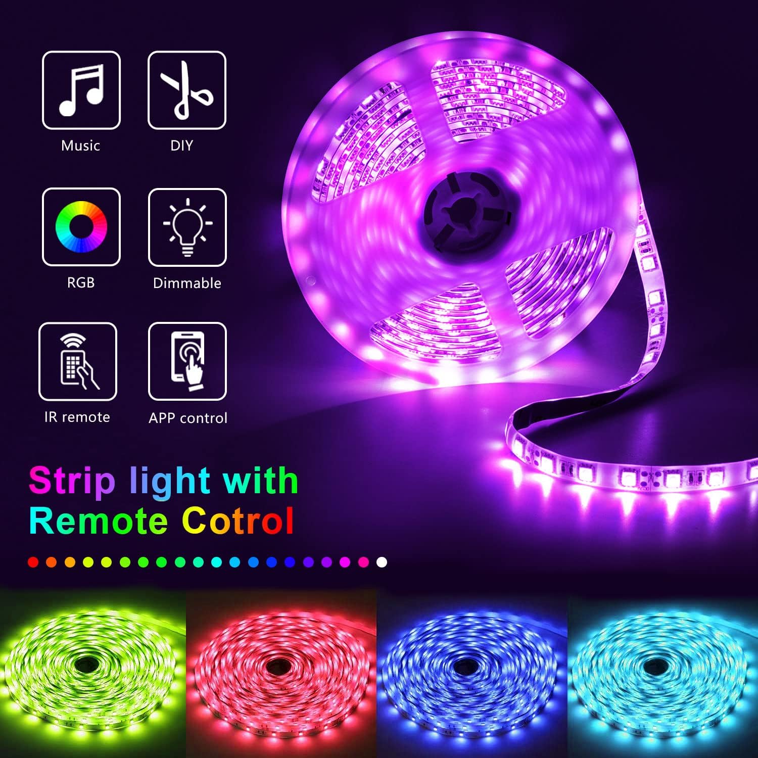 Nexillumi Tira de luces LED de 100 pies, sincronización de música, cambio de color, tira de LED RGB, micrófono integrado sensible, luces LED controladas por aplicación, tira de luz LED RGB 5050 (APP+control remoto + micrófono)