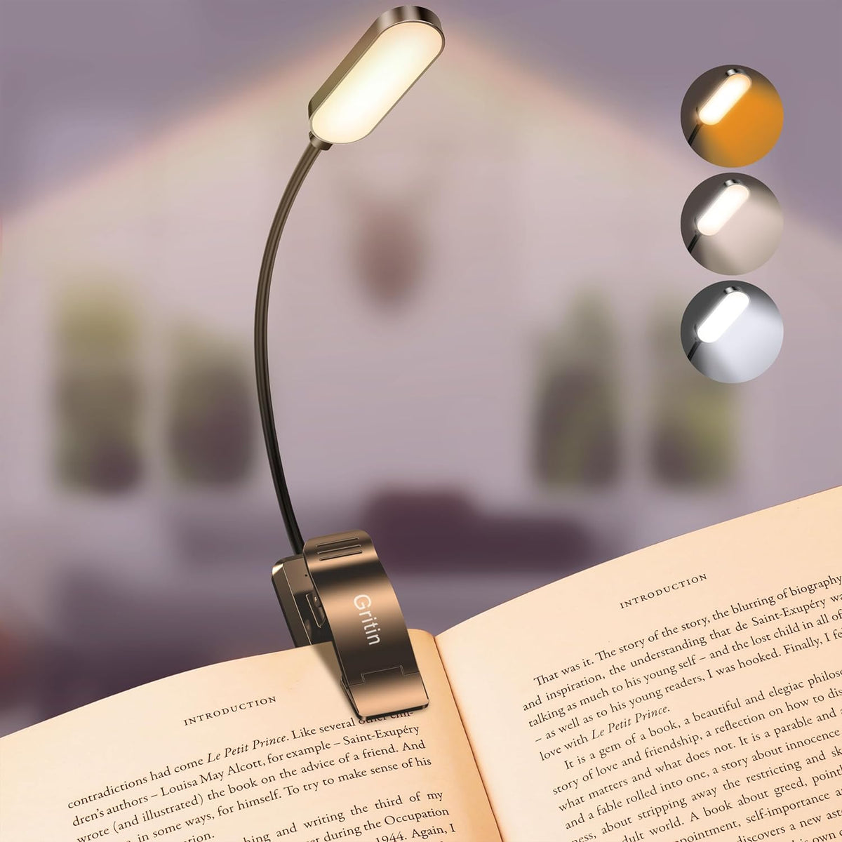 Gritin Luz recargable de 16 LED para leer en la cama, cuidado de los ojos, 3 temperaturas de color, brillo de atenuación continua, 80 horas de funcionamiento, luz ligera y flexible para los amantes de los libros, niños