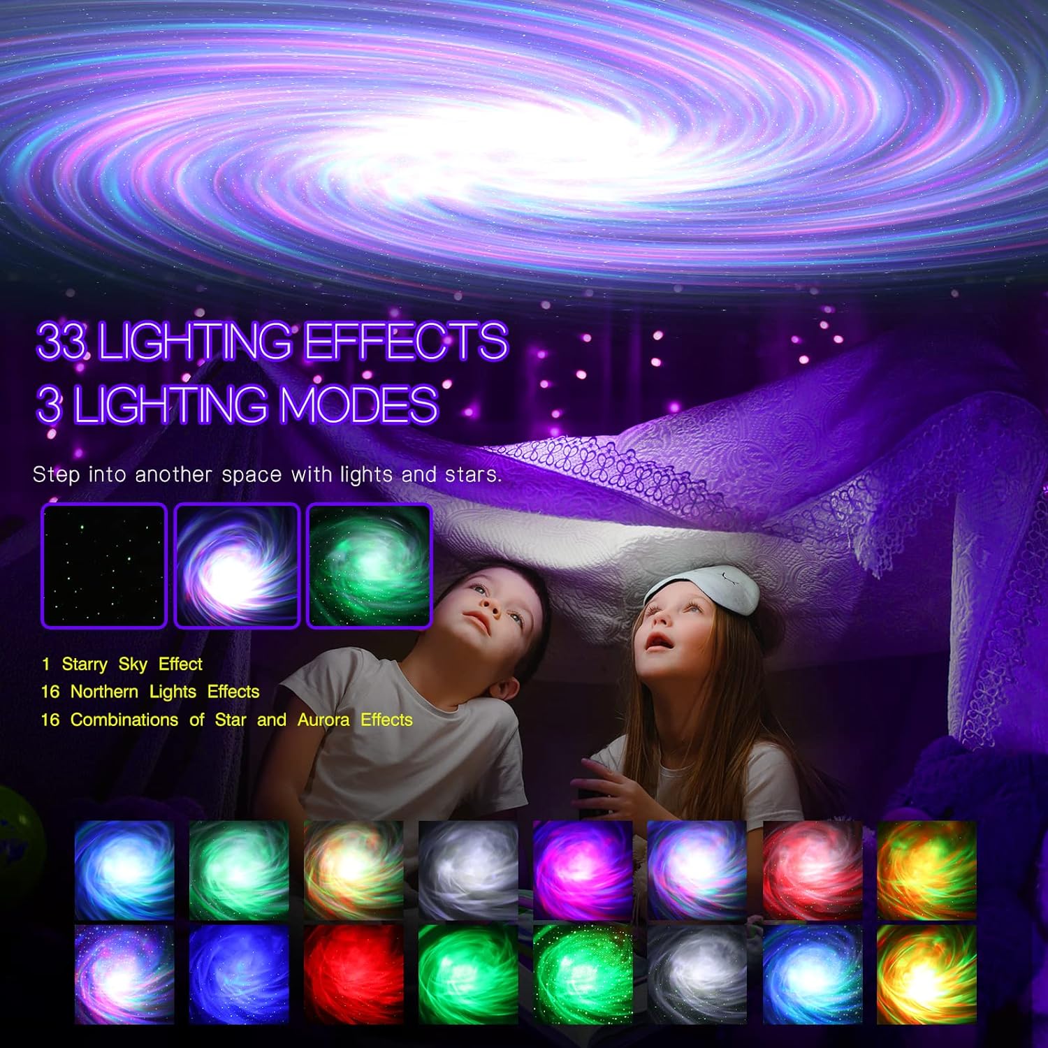 Northern Galaxy Light Aurora Projector with 33 Light Effects, Night Lights LED Star Projector for Bedroom Nebula Lamp, Remote Control, White Noises, Bluetooth Speaker for Parties