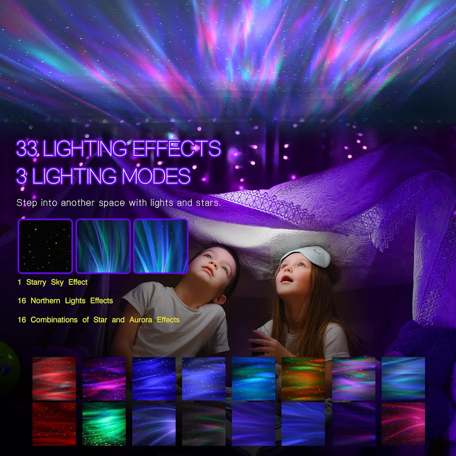 Northern Galaxy Light Aurora Projector with 33 Light Effects, Night Lights LED Star Projector for Bedroom Nebula Lamp, Remote Control, White Noises, Bluetooth Speaker for Parties